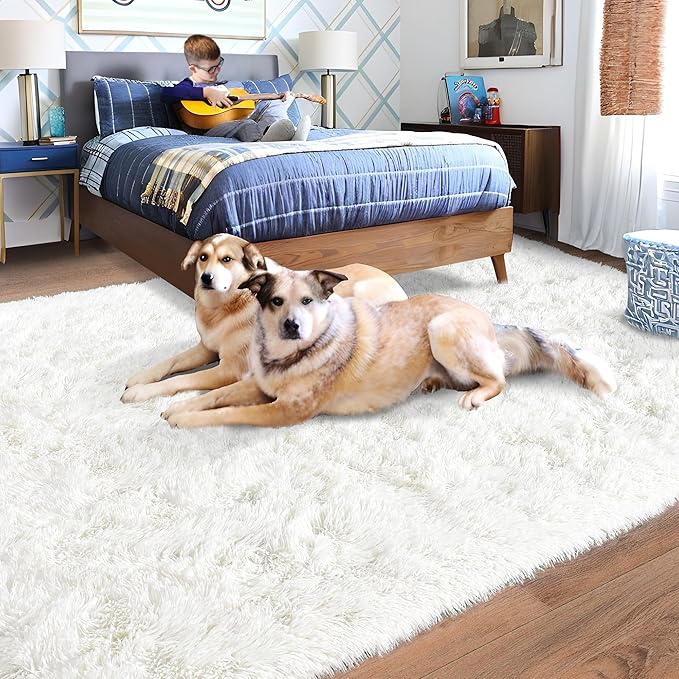Rugs for Living Room 8x10, Soft Shaggy Modern Shag Area Rug for Bedroom, Upgrade Non-Slip Plush Fluffy Carpet for Kids Boys Girls Room Home Decor Aesthetic, Cream White
