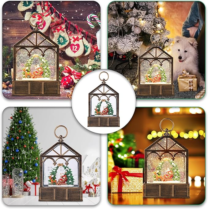 Christmas Snow Globes Musical Lantern Snow Globe Santa Clause Reindeer Sleigh Water Snow Globe Glittering Portable Hanging Tabletop Decorative Lantern Christmas Home Décor