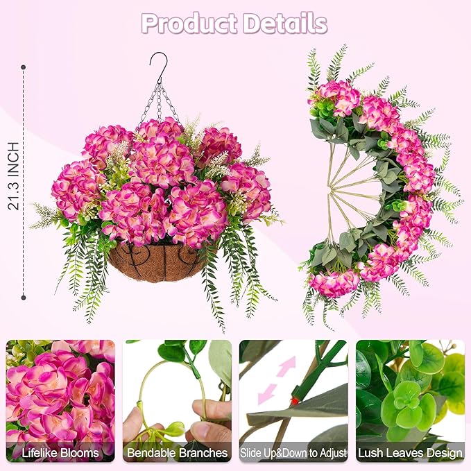 Artificial Hydrangea Flowers with Hanging Basket Planter for Spring Decoration, Fake Silk Flowers Outdoor Arrangements, Faux Hanging Plants for Garden Balcony Outside Decor (Fuchsia)