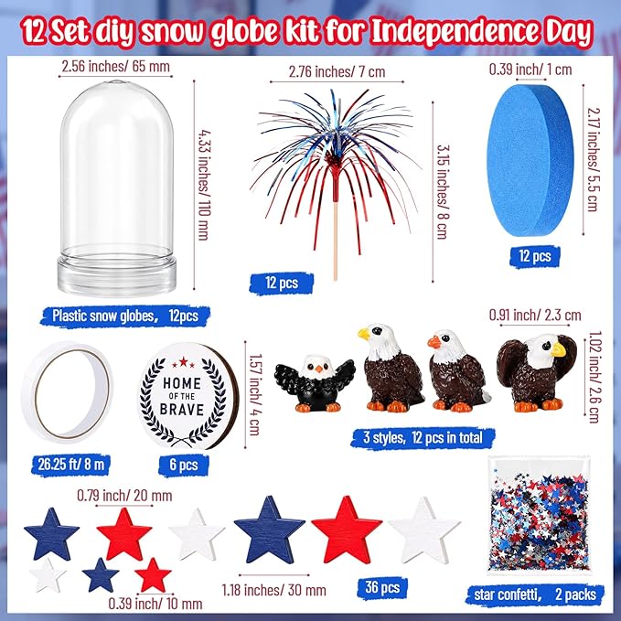 Sotiff 12 Sets 4th of July Craft Red Blue White 250th Anniversary DIY Craft Bald Eagle Firework Picks Patriotic Flower Wreath Ornaments Heart Stars for Independence Day Patriotic Party Favors