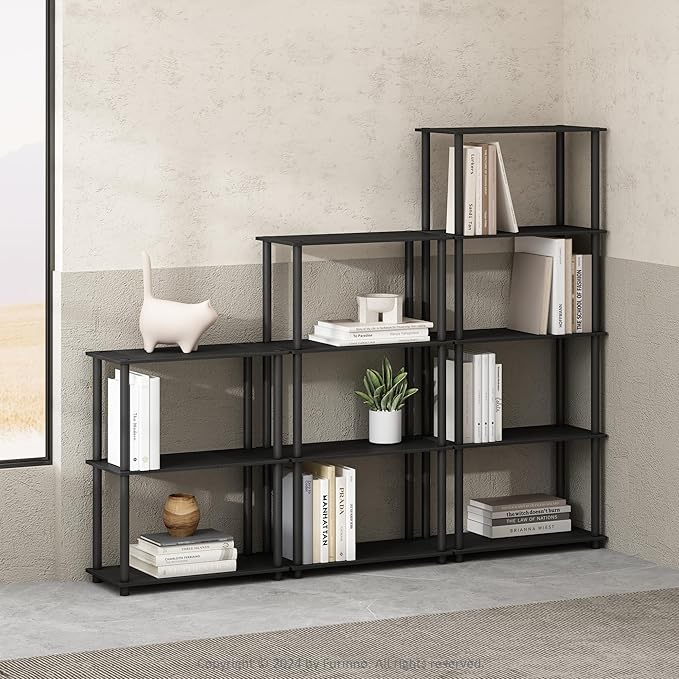 Furinno Turn-N-Tube Book Shelf, 5-Tier Bookshelf, Bookcase with Multipurpose Compact Display Rack, 11.6 x 23.6 x 57.4, for Living Room, Bedroom, Home Office, Americano/Black