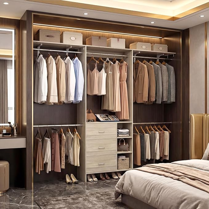 Aheaplus Closet System - 8FT Organizer with 3 Wooden Drawers, Fits 5.3-9 ft Walk-in Closet, White Oak