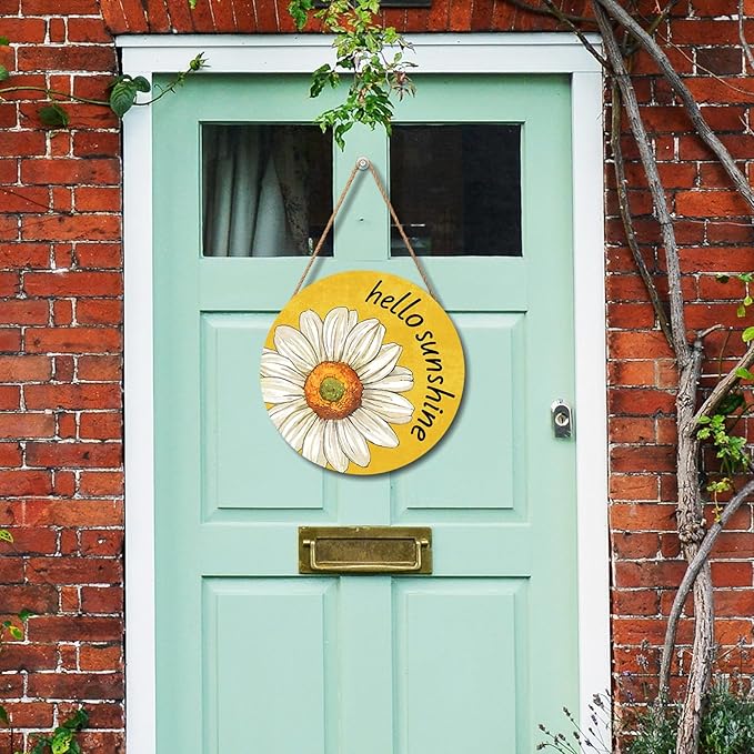 Spring Summer Daisy Flower Front Door Sign Hello Sunshine Floral Wood Door Hanger Outdoor Outside Porch Decor Seasonal Wooden Wreath Farmhouse Indoor Wall Hanging Decoration for House 12"x12"