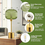 QiMH Glass Table Lamp for Living Room, Modern Bedside Lamp with Green Ribbed Glass Shade, 3-Way Dimmable Touch Control Nightstand Lamp for Bedroom, Brushed Gold (2700K LED Bulb Included)