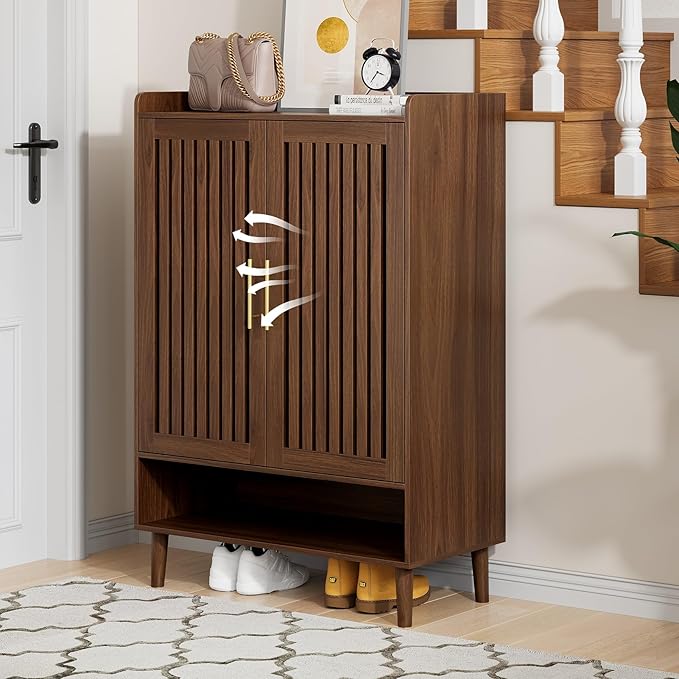 Shoe Cabinet, Large 6-Tier Shoe Storage Cabinet with Louvered 2 Doors, 44" Tall Freestanding Entryway Shoe Cabinet with Adjustable Shelves, Modern Shoe Organizer Cabinet, Shoe Rack Cabinet (Walnut)
