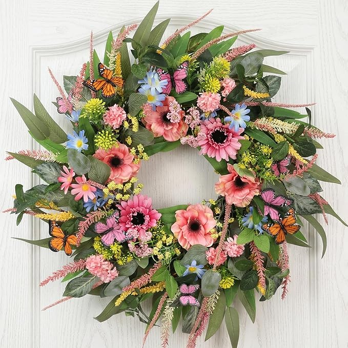Wreaths for Front Door 26 Inch Spring Summer Wreath with Eucalyptus Leaves Pink Blooms Butterfly,for Year-Round Use Indoors and Outdoors as Wall, Door, Window, Party and Wedding Decorations