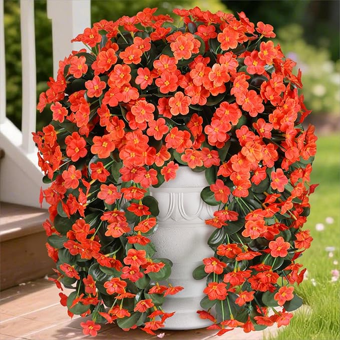 Artificial Fake Fall Hanging Flowers Plants for Outdoor Outside, 2PCS Faux Silk Orange Daisy Mums Trailing Vines UV Resistant Realistic Orchid for Autumn Front Door Porch Planter Patio Garden