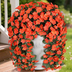 Artificial Fake Fall Hanging Flowers Plants for Outdoor Outside, 2PCS Faux Silk Orange Daisy Mums Trailing Vines UV Resistant Realistic Orchid for Autumn Front Door Porch Planter Patio Garden