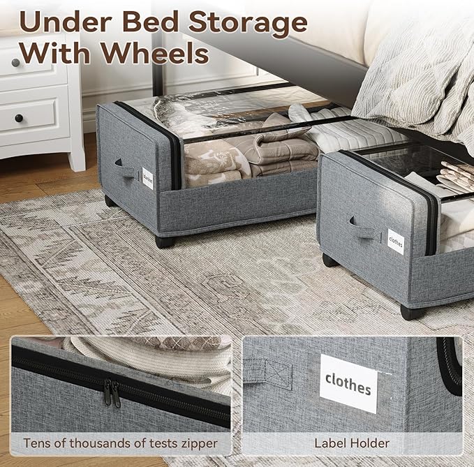 Under Bed Storage With Wheels, Tall Under The Bed Storage, Underbed Storage Containers With Lids, Metal Frame, 90L Capacity, Large Size