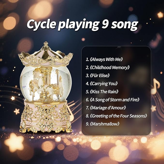 Carousel Musical Snow Globe Princess Unicorn Music Box for Girls Women Baby Kids Sister Daughter Mom Granddaughter Grandma Christmas Birthday Presents Gifts (Light Pink)