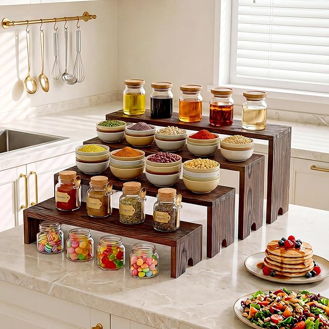 2 Set Wooden Cupcake Stand for Decor, 4 Tiered Stackable Display Risers, Farmhouse Decor Wood Dessert Table Display Set for Party, Vendor Events, Dark Brown