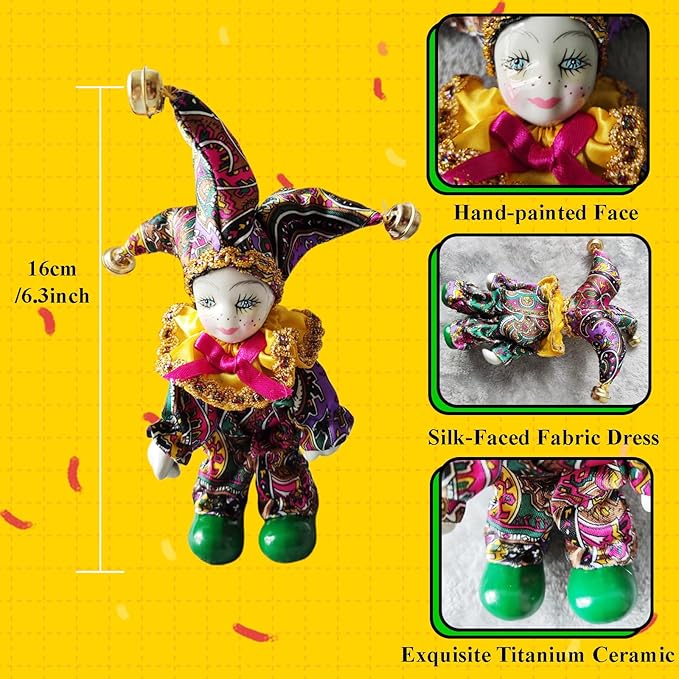 Maxyoung 8 Inch Italian Eros Porcelain Doll, Cute Triangel Clown Dolls, Vintage Figurine, Collectible Toys, Christmas Halloween Birthday Gift, Movable Joints, Colorful