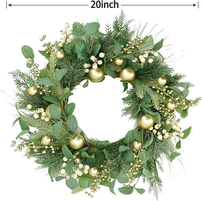 WreathDream 20 inch Artificial Christmas Wreath Winter Wreath for Front Door with Champagne Gold Berry,Christmas Balls for Front Door Farmhouse Indoor Outdoor Holiday Home Decor