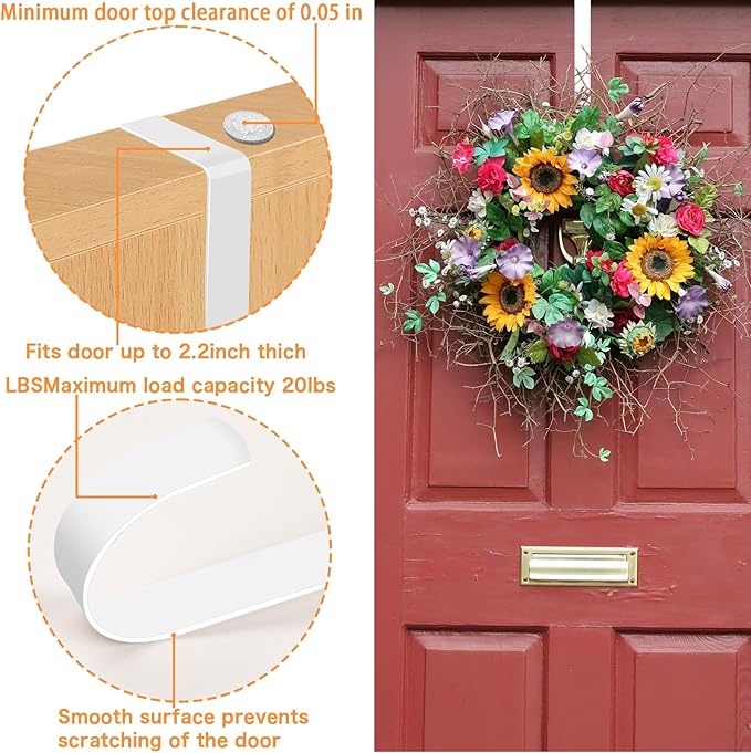 Dreecy 12” Wreath Hangers for Front Door, Christmas Wreath Hanger Holder, White Over The Door Wreath Hanger Hooks for Hnaging Christmas Front or Back Door Reef Decoration 2 Pack