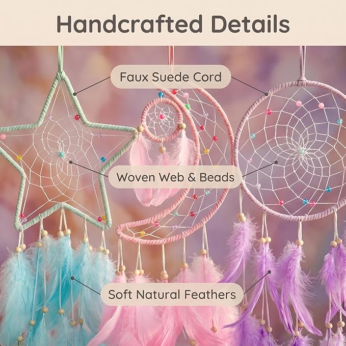 3PCS/LOT Star Moon Sun Shape Dream Catcher Home Decoration, and Baby Kids Room Accessory - Dream Catcher with Feather Decoration - Unique Home Craft Wall Pendant (Mix Color)