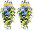 nuvagiki Summer Lemon Floral Teardrop Swag Set of 2, Blue Yellow Chinoiserie Lemon Front Door Decor, Floral Porch Swag for Farmhouse Entryway Wall Hanging Decorations