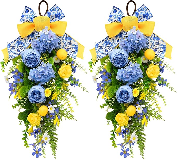 nuvagiki Summer Lemon Floral Teardrop Swag Set of 2, Blue Yellow Chinoiserie Lemon Front Door Decor, Floral Porch Swag for Farmhouse Entryway Wall Hanging Decorations