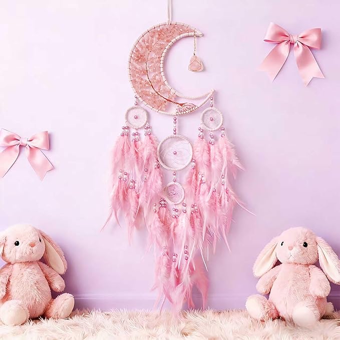 Dream Catchers,Moon Dream Catchers with Chakra Gemstone Agate Stone,Pink Tree Life Dream Catcher Wall Hangings Room Decor for Girls Bedroom Decor Art Craft Gift (Pink)