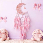 Dream Catchers,Moon Dream Catchers with Chakra Gemstone Agate Stone,Pink Tree Life Dream Catcher Wall Hangings Room Decor for Girls Bedroom Decor Art Craft Gift (Pink)