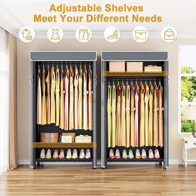 H5C Clothes Rack with Cover, Portable Closet for Hanging Clothes, Covered Clothing Racks Heavy Duty, Freestanding Garment Racks with Shelves, Max Load 360LBS Black Closet Rack with Gray Cover