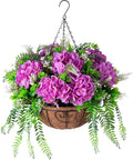 Artificial Flowers in Hanging Basket Planter for Home Spring Summer Decoration, Silk Hydrangea Outdoor Indoor Arrangements, 12" Metal Coconut Lining Basket with Faux Plant(Purple)