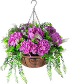 Artificial Flowers in Hanging Basket Planter for Home Spring Summer Decoration, Silk Hydrangea Outdoor Indoor Arrangements, 12" Metal Coconut Lining Basket with Faux Plant(Purple)