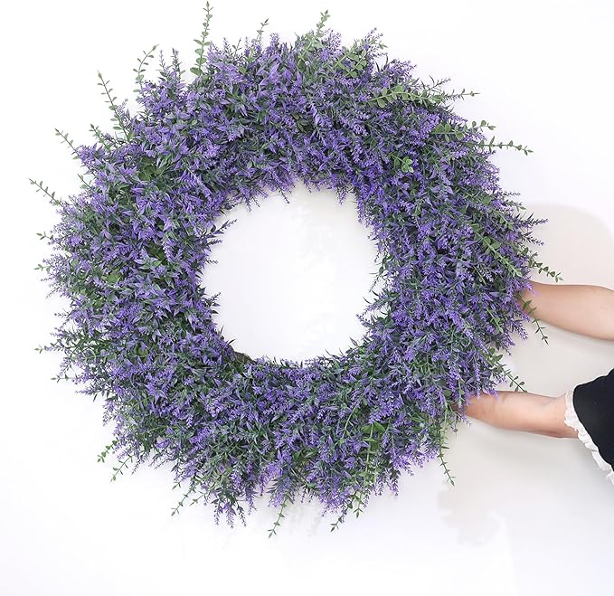 32" Lavender & Eucalyptus Wreath for Front Door, Porch, Window - Large Artificial Greenery Outdoor Wreath for Home, Farmhouse Decor - Spring, Summer, Fall, All Seasons (Purple)