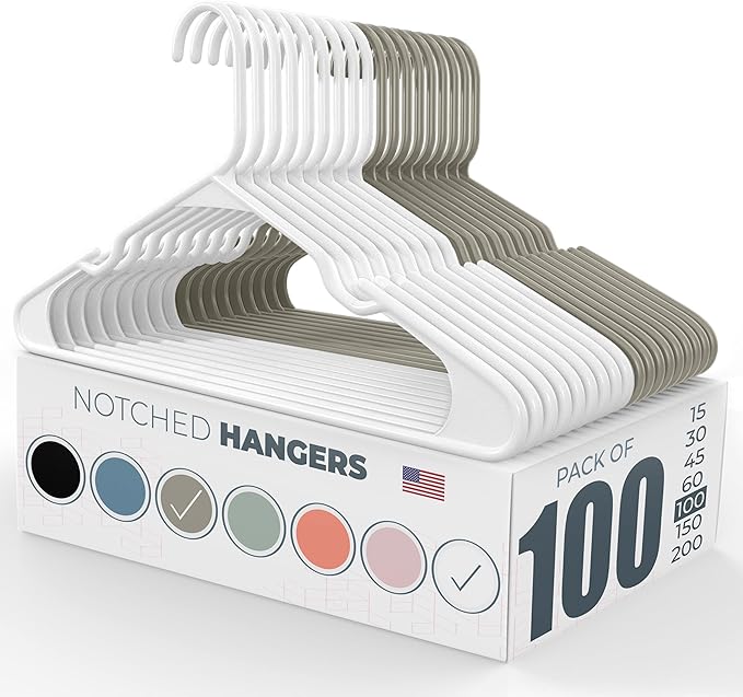 Neaties Plastic Hangers 100 Pack – Made in The USA – 6lb Capacity Standard Clothes Hangers with Notches and Reinforced Edges for Dresses, Lingerie, Shirts, Pants, and Jackets – White & Gray