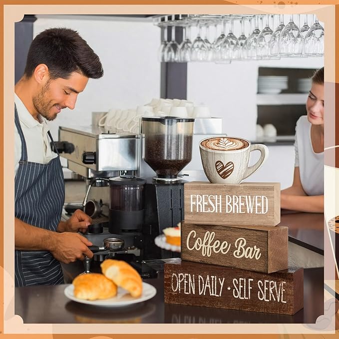 Moucuny 4 Pcs Farmhouse Coffee Bar Signs Decor Wooden Cup Rise & Shine It's Coffee Time Rustic Wood Cafe Sign Gift for Home Kitchen Tabletop Decor