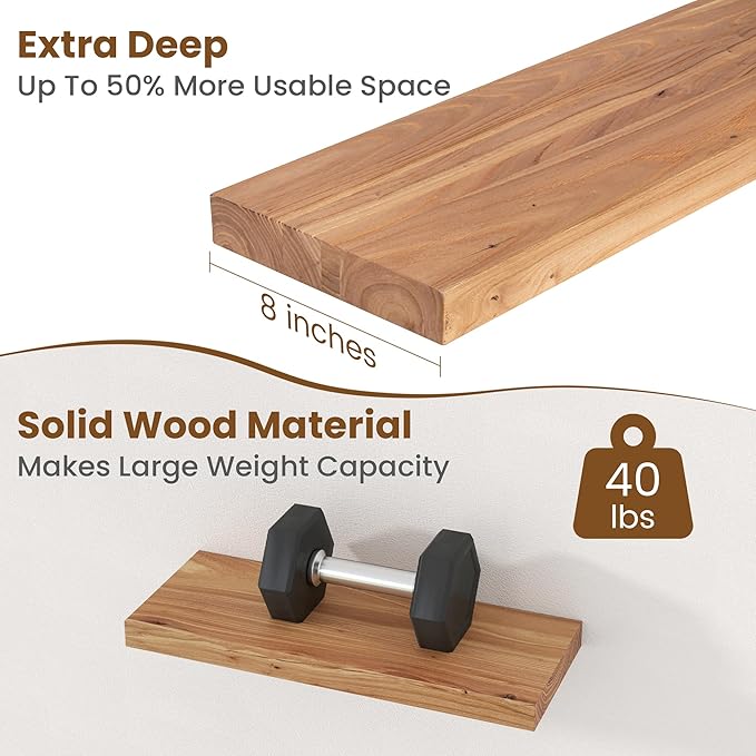 Floating Shelves for Wall Decor, 8" Deep Rustic Solid Elm Wood Floating Shelves Wall Mounted, Wall Shelves with Invisible Bracket for Living Room Bathroom Bedroom Kitchen, 20 Inch Set of 2, Natural