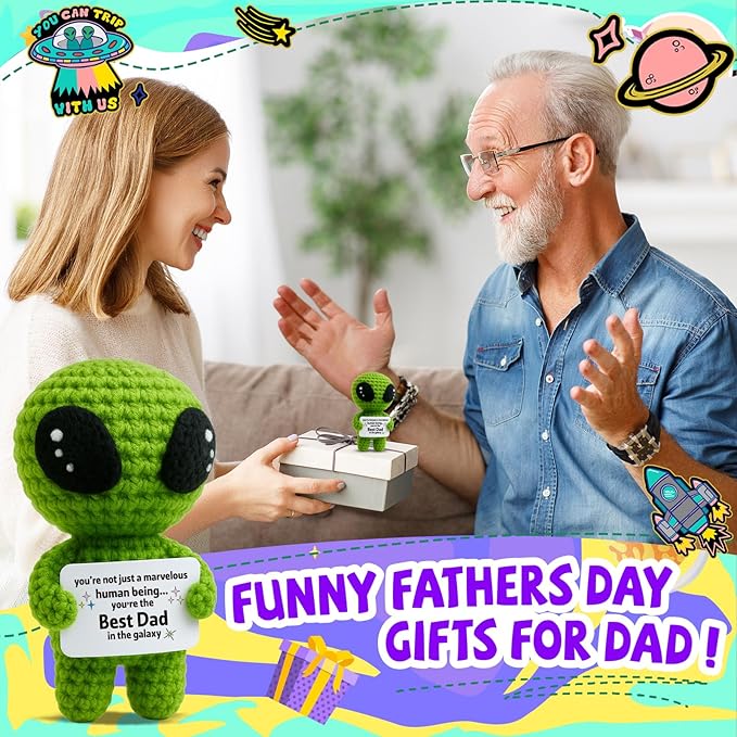 MAMAGIFTREE Fathers Day Funny Gift for Dad from Daughter Son with Message Card - Unique Dads Birthday Gifts for Husband from Wife Kids - Father’s Day Crochet Alien Handmade Decoration