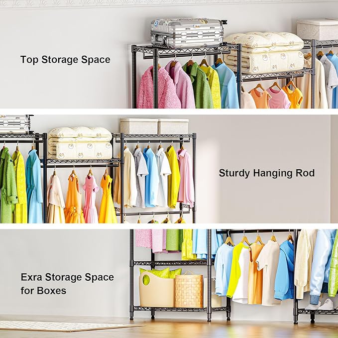 Heavy Duty Rolling Garment Rack 6 Tiers Adjustable Wire Shelving Clothes Rack with Rods Storage Closet Clothing Rack Black 15.7" D x 70.8" W x 76.5" H