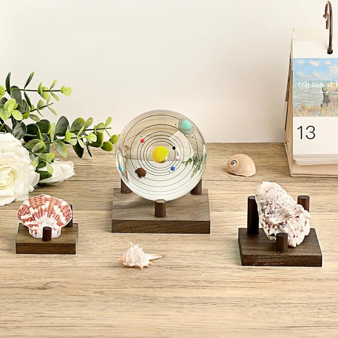 Hipiwe Rock Display Stand Three-Peg Display Easel Stands Walnut Wooden Crystal Rock Holder for Fossil Coral Geodes Rock Mineral Agate, Crystal Display Stand with Square Base, Large