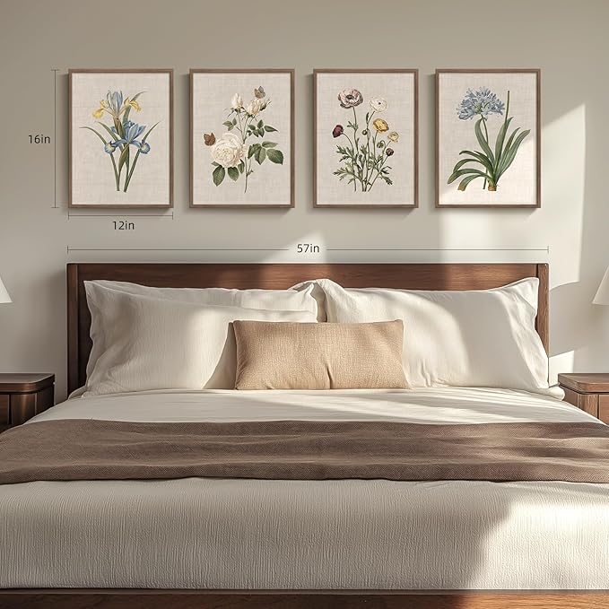 Framed Vintage Botanical Wall Art, 4 Piece Rustic Floral Painting Canvas Prints for Living Room Bedroom Dining Room Kitchen Hallway, Flower Butterfly Pictures for Farmhouse Wall Decor, 12x16 Inch