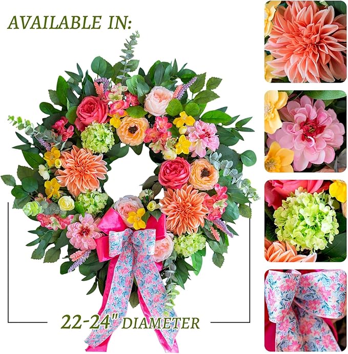 Spring Wreaths for Front Door 24 Inch Outdoor Spring Wreath with Pink Bow– Handmade Peach Dahlia & Garden Rose Summer Wreaths for Front Door,Farmhouse Home,Porch,Wall,Window Decor