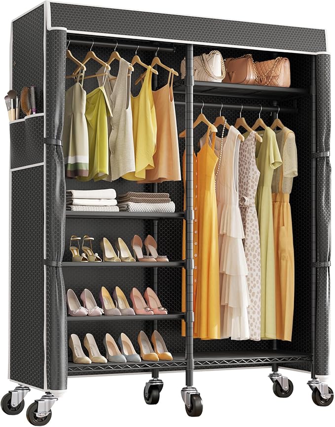 VIPEK R4C Portable Closet Rolling Clothes Rack Heavy Duty Adjustable Wardrobe Metal Garment Racks with Lockable Wheels Black Clothing Rack with Black Upgraded Polyester Cover, Max Load 620lbs