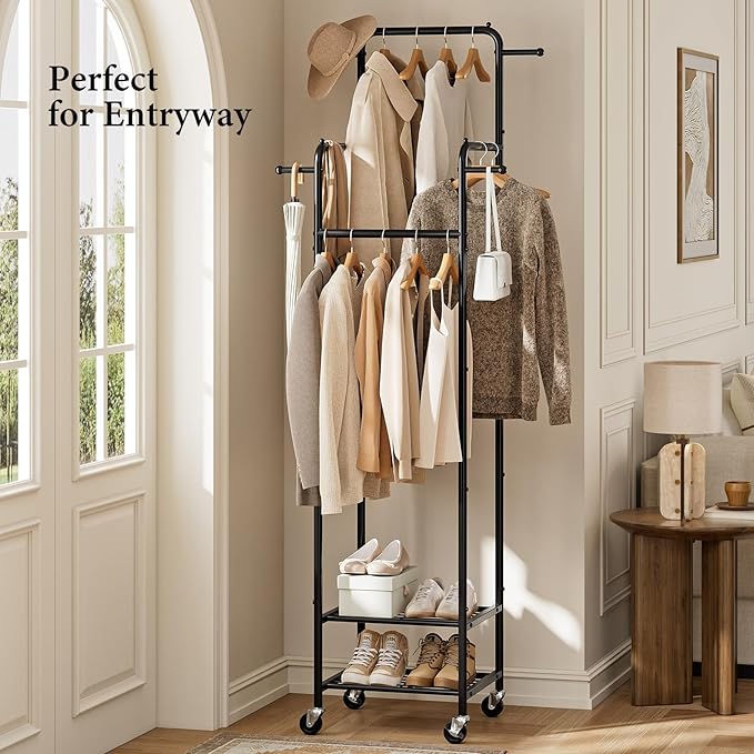 Chrislley Clothes Rack with Wheels, 71" Portable Clothing Rack with 2 Shelves and 4 Hooks, Small Rolling Garment Rack, 4 Hanging Rods Metal Coat Rack for Bedroom, Apartment, Entryway, Black
