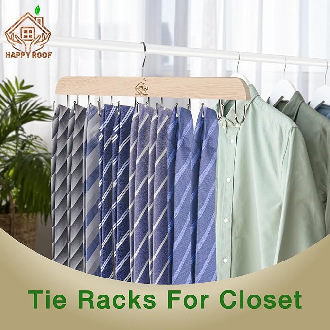 Belt Hanger for Closet, 14 Hooks Sturdy Wood Rack - Rotating Organizer for Belts, Scarf, Ties & Accessories