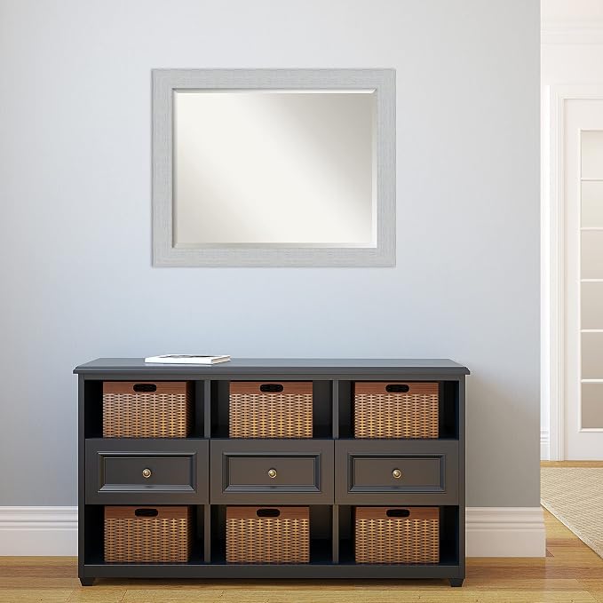 Amanti Art White Wall Mirror 26x32 Shiplap White Rectangle Bathroom Mirror for Wall Decor Living Room, Large Cottage Wood Frame, Hangs Horizonally and Vertically, Bathroom Decor, Beveled Edge