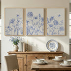 Framed Neutral Chinoiserie Blue Botanical Wall Art, 3 Piece Minimalist Floral Canvas Artwork for Modern Farmhouse, Flower Painting Prints for Living Room Bedroom Kitchen Office Dining Room, 20x30 In