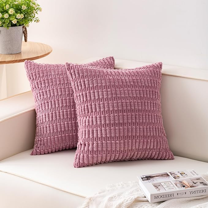 Aegero Pack of 2 Corduroy Decorative Throw Pillow Covers 22x22 Inch Soft Striped Pillow Covers Modern Farmhouse Home Decor for Sofa Living Room Couch Bed（Pink）