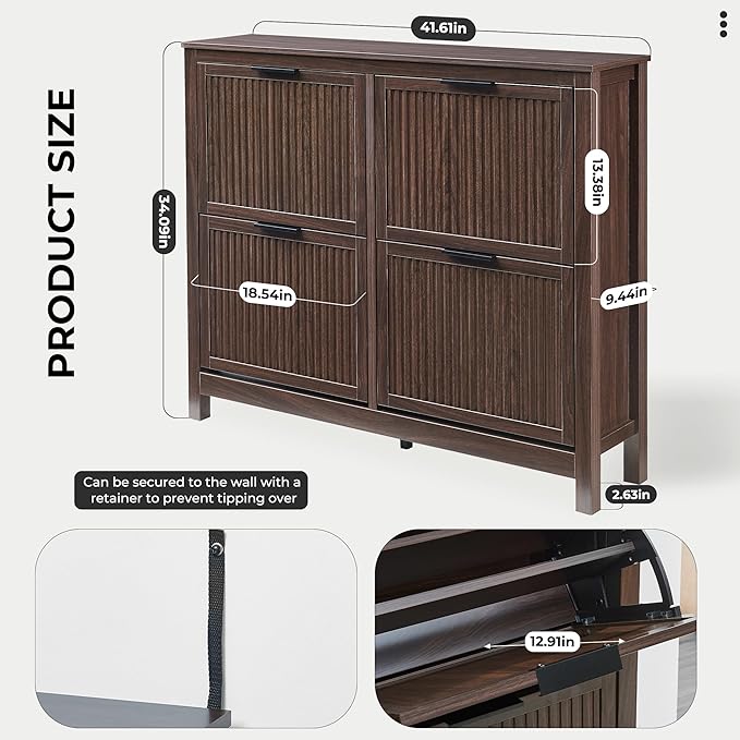 4 Flip Drawers Shoe Cabinet Storage for Entryway, Narrow Hidden Shoes Cabinet Organizer Front Door Entrance Thin Free Standing Front Door Shoe Rack Storage for Entryway(Brown)