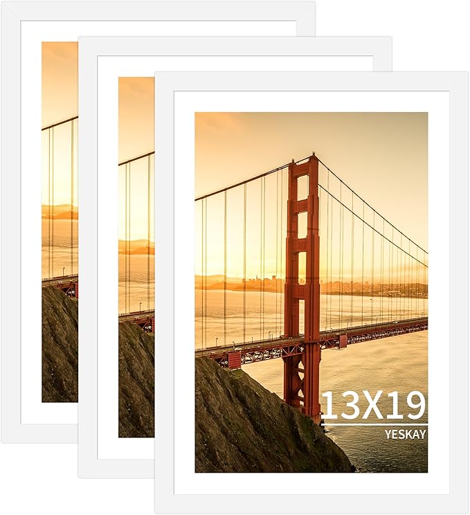 13x19 Picture Frame 3 Pack - White Poster Frame Display Pictures 11x17 with Mat or 13 x 19 Without Mat for Wall Hanging Horizontal and Vertical