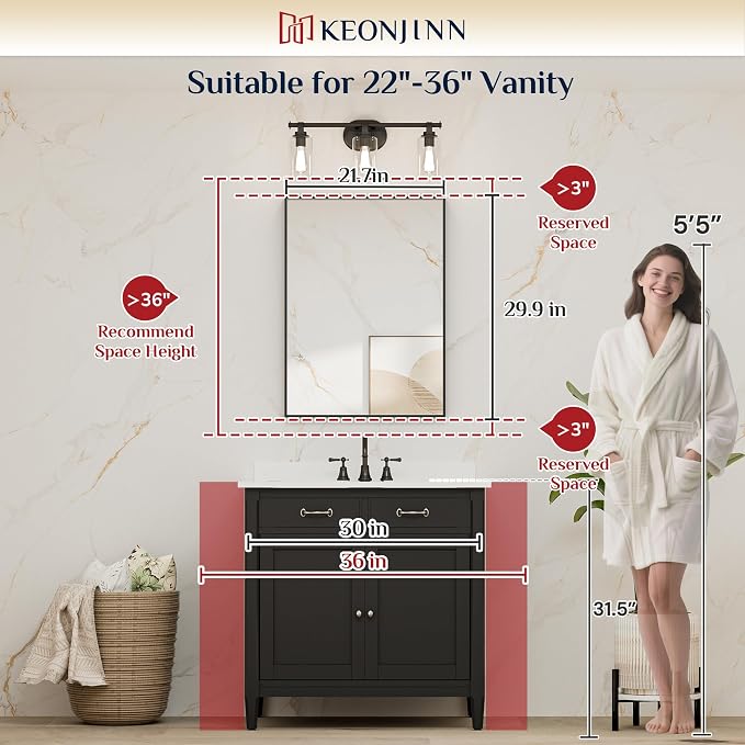 Keonjinn Black Bathroom Mirror 22 x 30 Inch, Brushed Black Framed Mirror for Over Sink, Rectangle Wall Vanity Mirrors with Square Corner, Alumium Frame, Modern Farmhouse Style