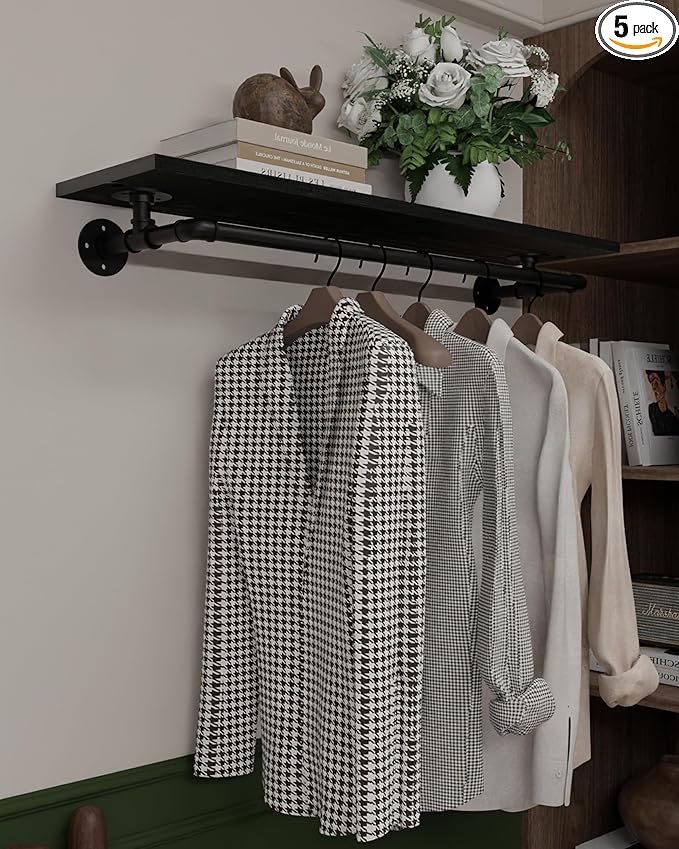 Clothes Rack 42in, Wall Mounted Garment Rack with Real Black Wood Shelf, Heavy Duty Hanging Clothes Rack, Multi-Purpose Hanging Rod, Space-Saving Closet Storage