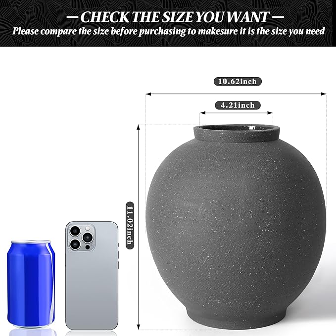 Black Ceramic Large Vase - 11 Inch Round Modern Ceramic Vases,Tall Vase for Decor Living Room Table Decor and Festive Home Interiors