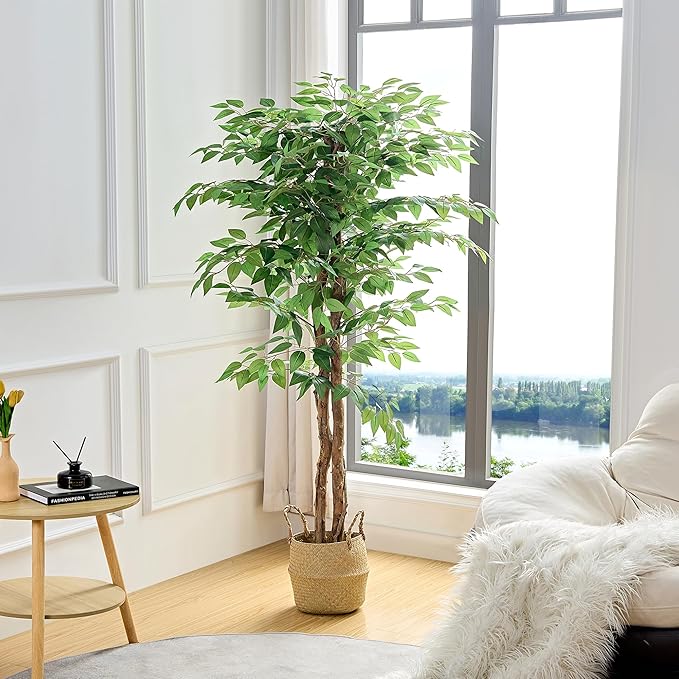 VECELO Artificial Ficus Tree with Sturdy Nursery Pot, 6FT Faux Silk Plant for Indoor Outdoor Home Garden Decor, 2 Pack