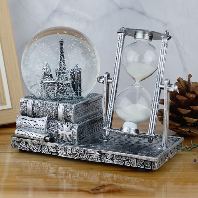 LED MusicCrystal Snow Globe， Sand Timer ，Hourglass,Home Decor,Table Decor for Living Room ，Office Desk Decorations[ Silver Tower]