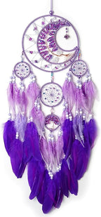 Large Dream Catchers, Handmade Woven Moon Healing Crystal Stone Dream Catcher Wall Hanging Ornament for Bedroom Living Room Wedding Party Decor, Festival Blessing Craft Gift (Purple Moon)