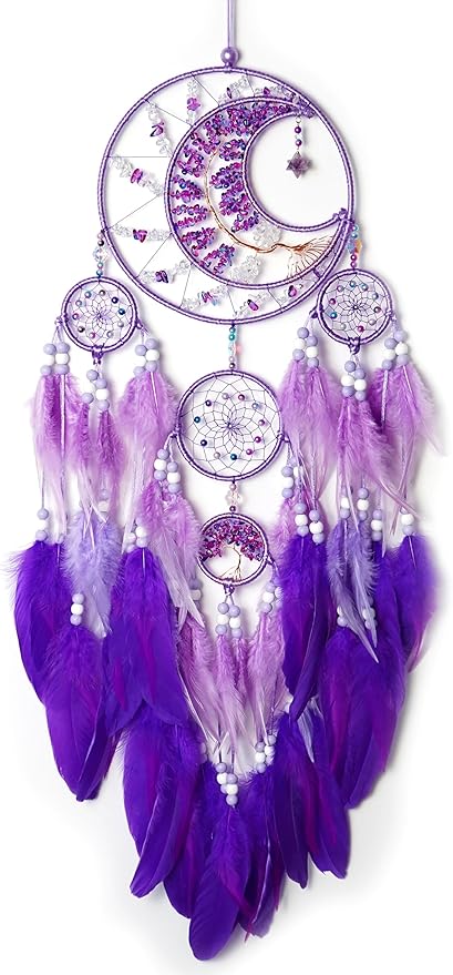 Large Dream Catchers, Handmade Woven Moon Healing Crystal Stone Dream Catcher Wall Hanging Ornament for Bedroom Living Room Wedding Party Decor, Festival Blessing Craft Gift (Purple Moon)